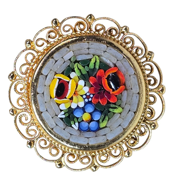 Vintage Micro Mosaic Brooch Stamp Italy Goldtone Filigree Frame Colorful Floral